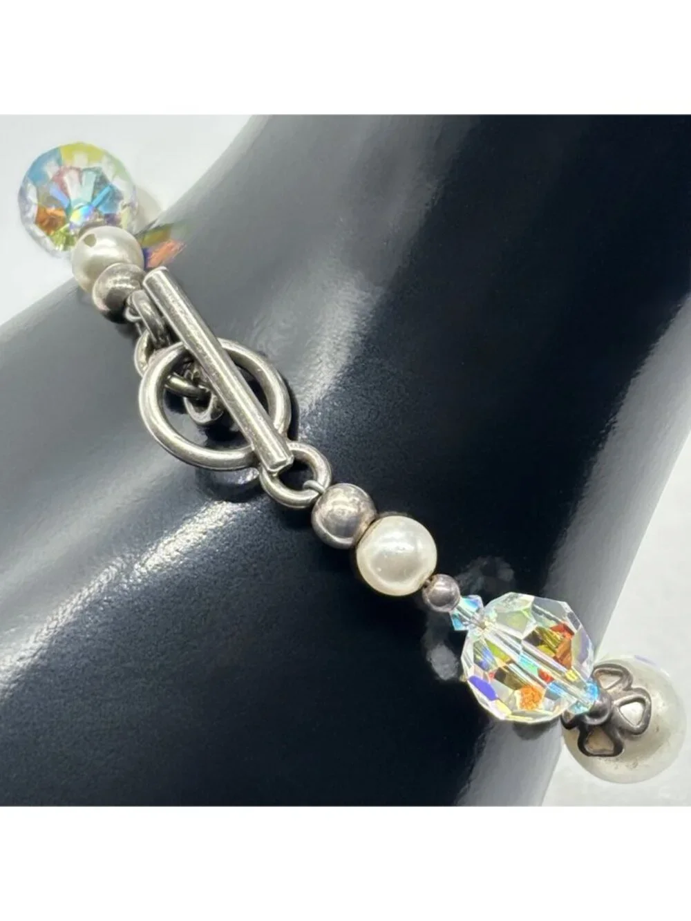 Artisan Made Bracelet With Faceted AB Crystals Faux Pearls Sterling Toggle Clasp